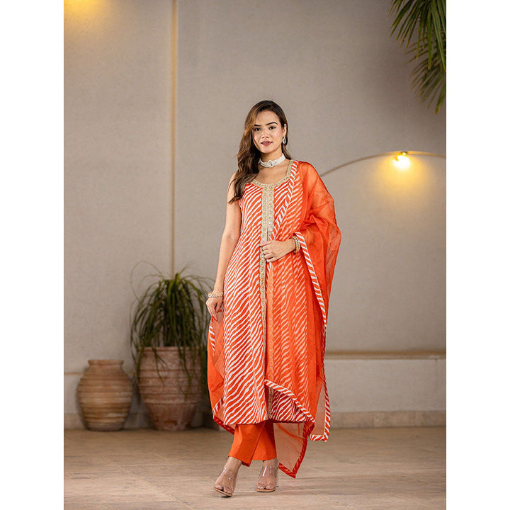 Yufta Cotton Leheriya Orange Anarkali Kurta With Pant & Dupatta (Set of 3)