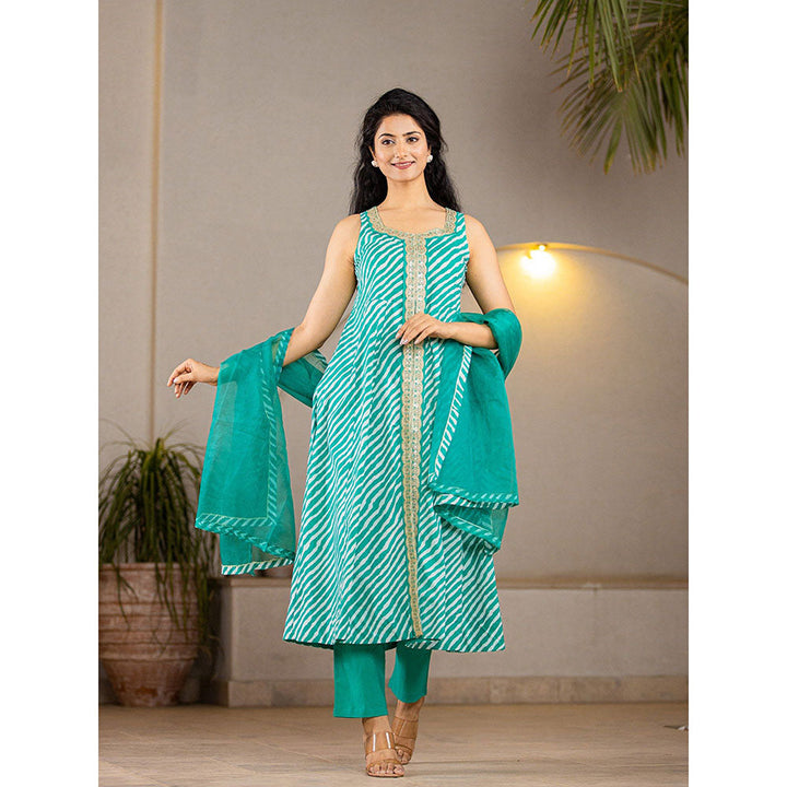 Yufta Cotton Leheriya Green Anarkali Kurta With Pant & Dupatta (Set of 3)