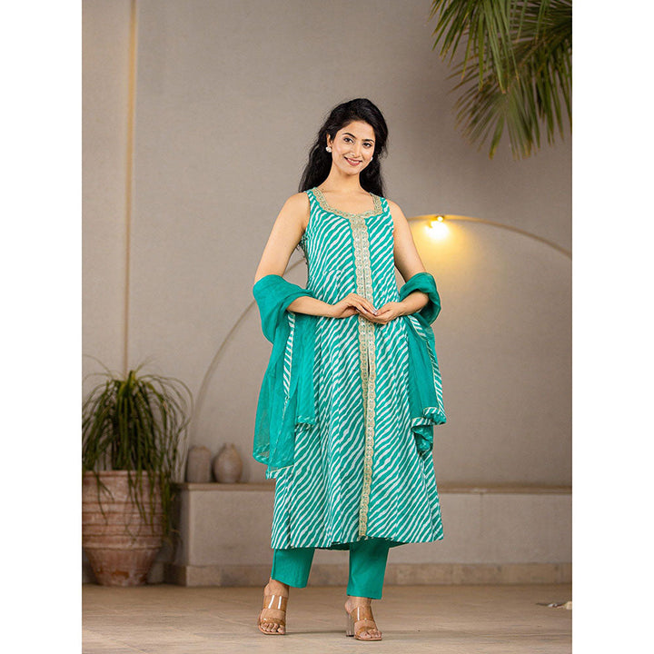 Yufta Cotton Leheriya Green Anarkali Kurta With Pant & Dupatta (Set of 3)