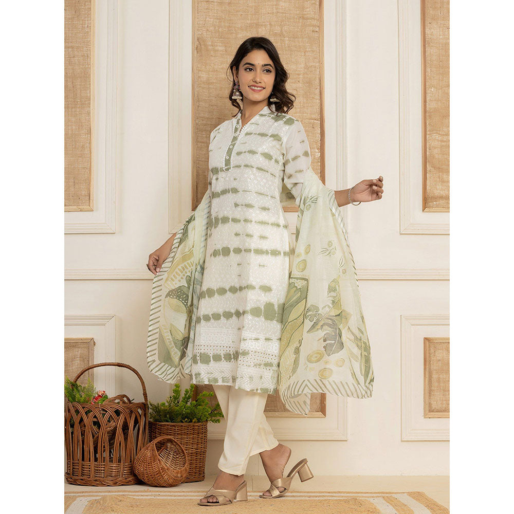 Yufta Green Embroidered Cotton Kurta & Pant With Dupatta (Set of 3)