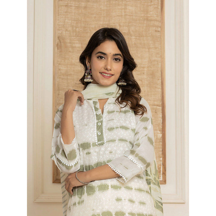 Yufta Green Embroidered Cotton Kurta & Pant With Dupatta (Set of 3)