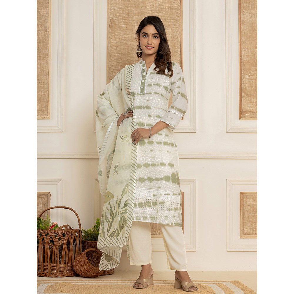 Yufta Green Embroidered Cotton Kurta & Pant With Dupatta (Set of 3)