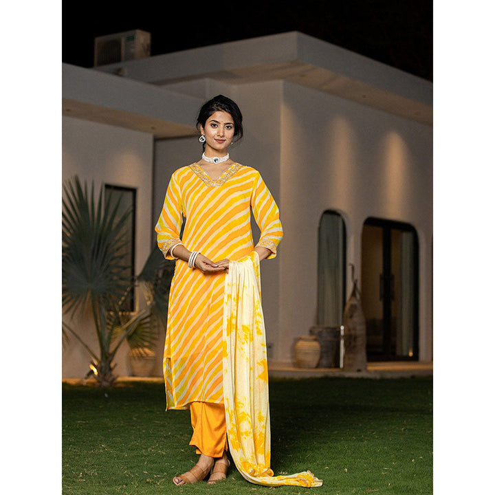 Yufta Yellow Leheriya Printed Georgette Straight Kurta With Pant & Dupatta (Set of 3)