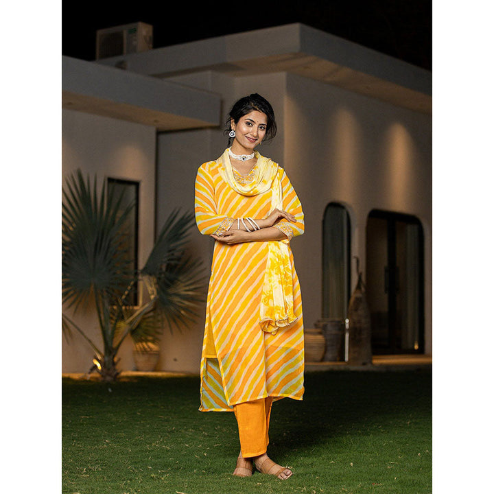 Yufta Yellow Leheriya Printed Georgette Straight Kurta With Pant & Dupatta (Set of 3)