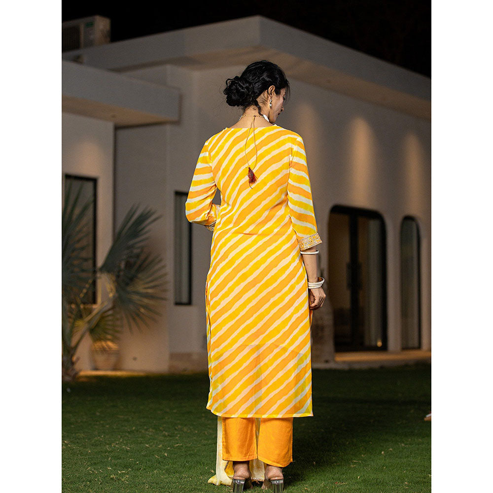 Yufta Yellow Leheriya Printed Georgette Straight Kurta With Pant & Dupatta (Set of 3)