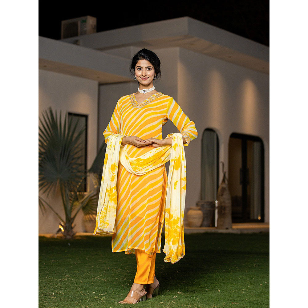 Yufta Yellow Leheriya Printed Georgette Straight Kurta With Pant & Dupatta (Set of 3)