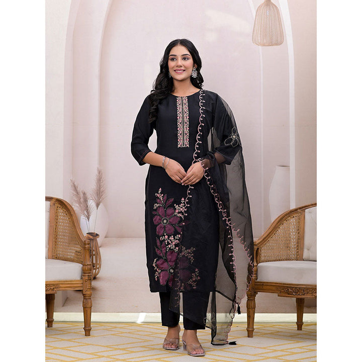 Yufta Black Embroidered Silk Blend Straight Kurta With Pant & Dupatta (Set of 3)