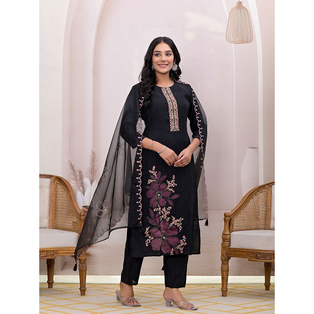 Yufta Black Embroidered Silk Blend Straight Kurta With Pant & Dupatta (Set of 3)