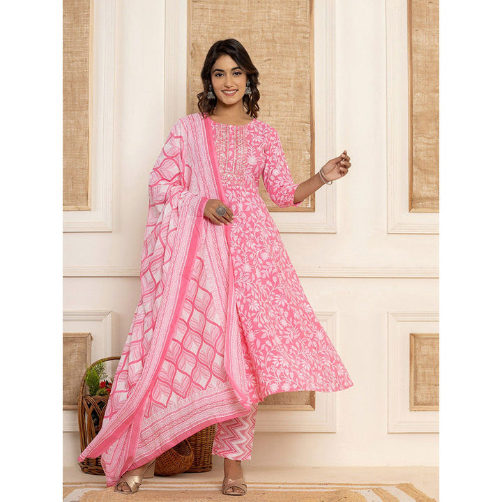 Yufta Pink Floral Print Anarkali Kurta & Pant With Dupatta (Set of 3)