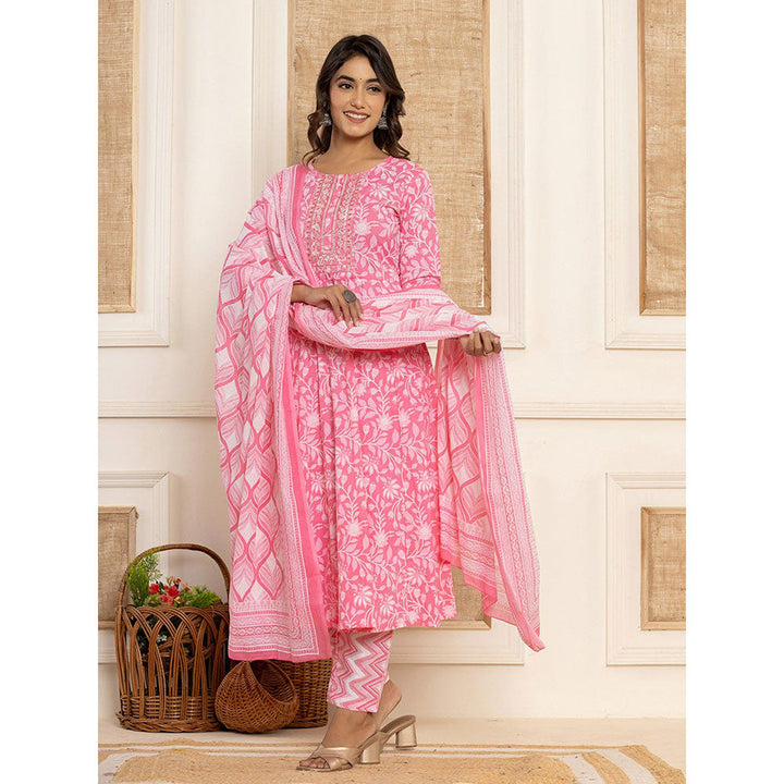 Yufta Pink Floral Print Anarkali Kurta & Pant With Dupatta (Set of 3)