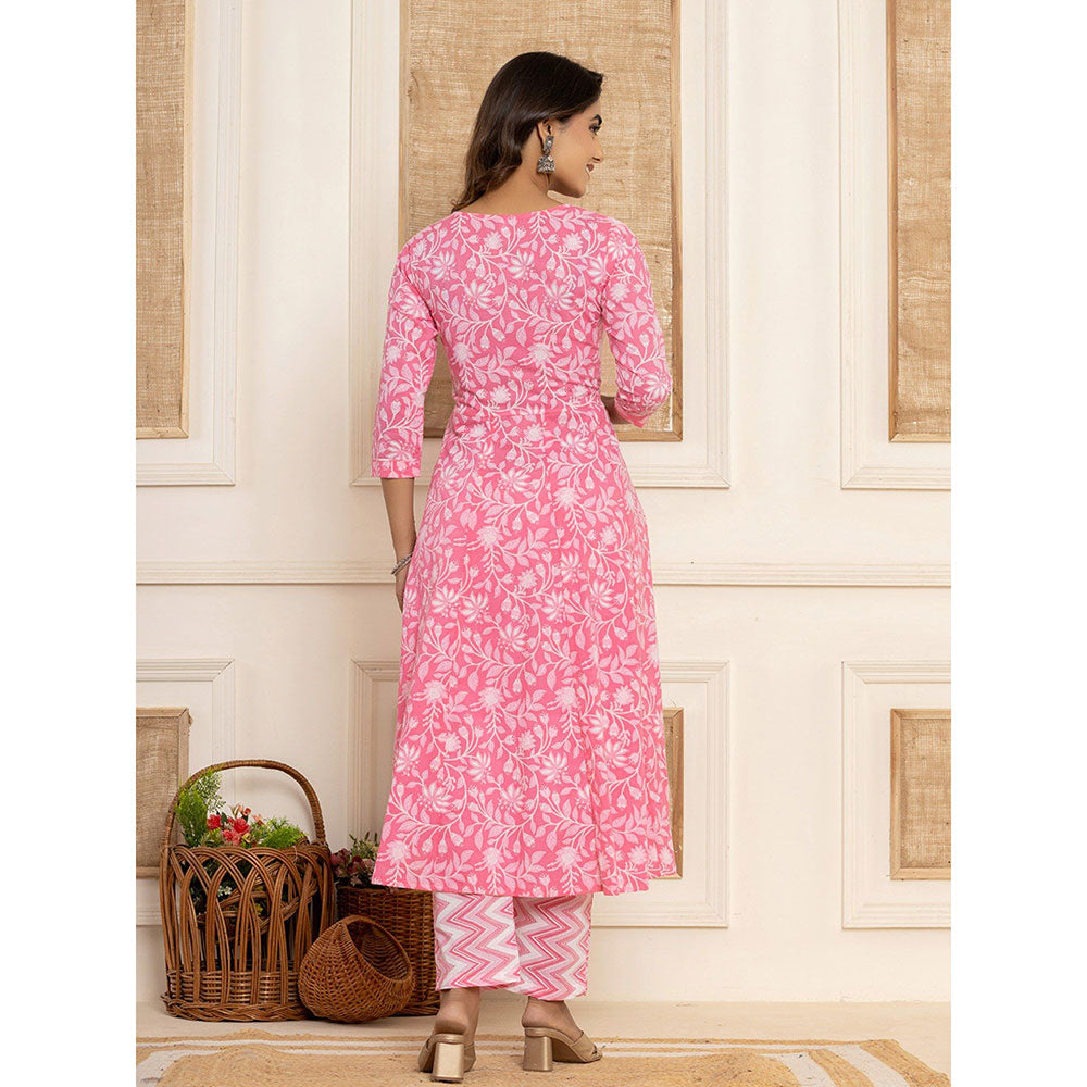 Yufta Pink Floral Print Anarkali Kurta & Pant With Dupatta (Set of 3)