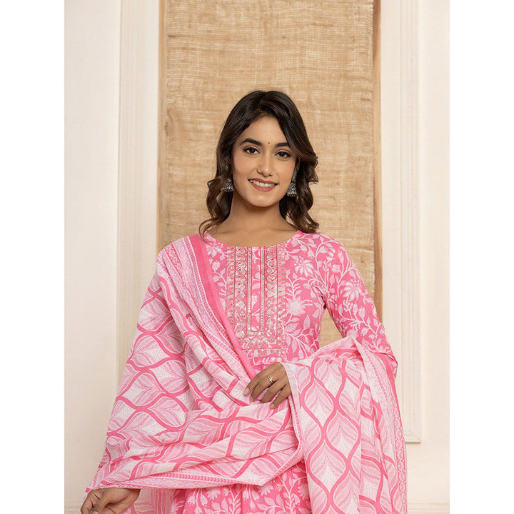 Yufta Pink Floral Print Anarkali Kurta & Pant With Dupatta (Set of 3)