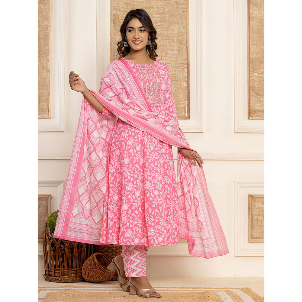 Yufta Pink Floral Print Anarkali Kurta & Pant With Dupatta (Set of 3)