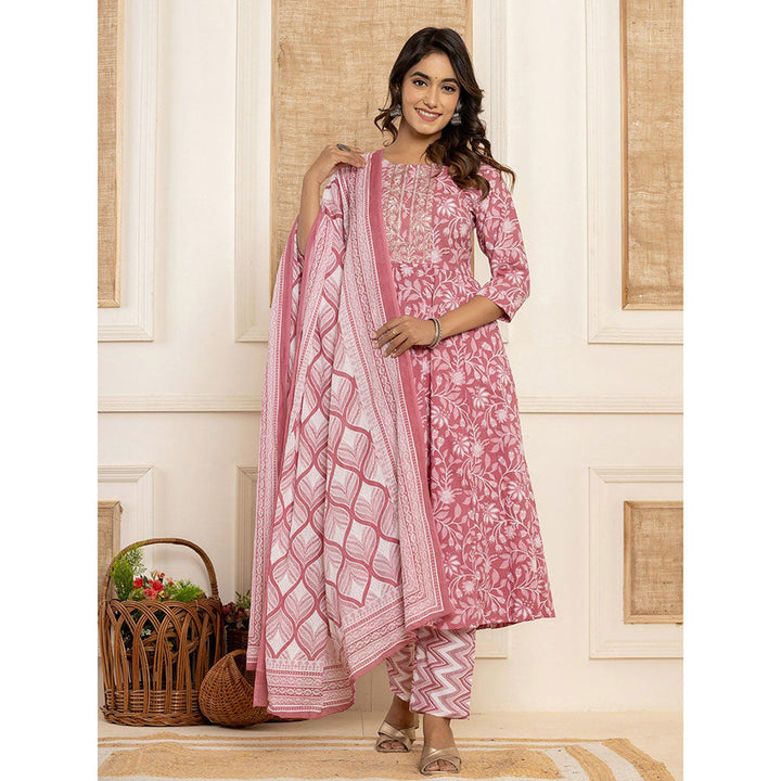 Yufta Blush Pink Floral Print Anarkali Kurta & Pant With Dupatta (Set of 3)