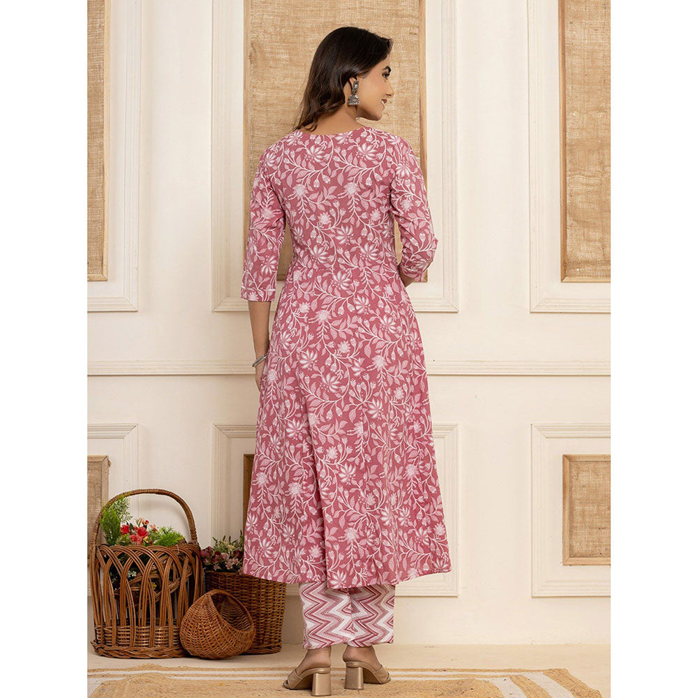 Yufta Blush Pink Floral Print Anarkali Kurta & Pant With Dupatta (Set of 3)