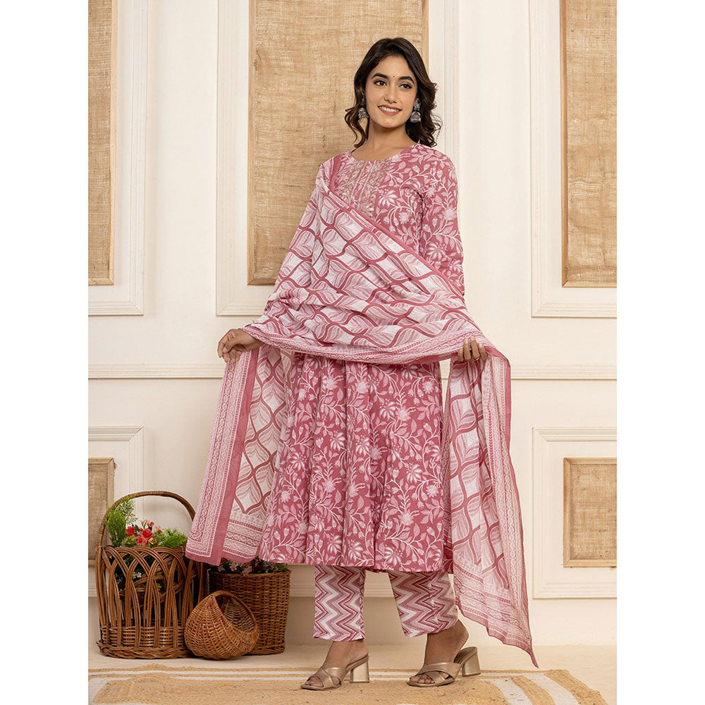 Yufta Blush Pink Floral Print Anarkali Kurta & Pant With Dupatta (Set of 3)