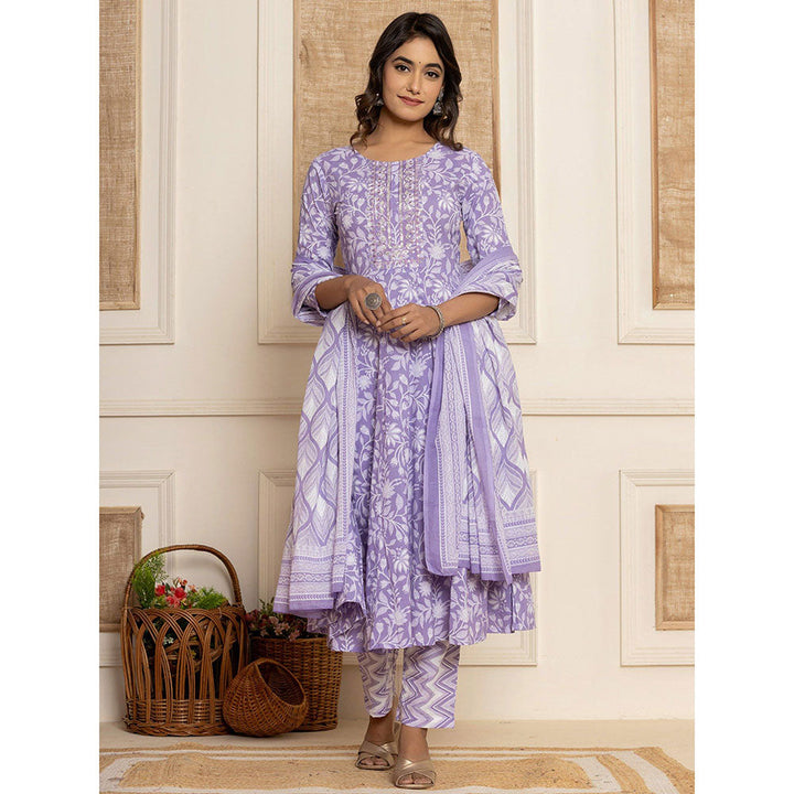 Yufta Purple Floral Print Style Anarkali Kurta & Pant With Dupatta (Set of 3)