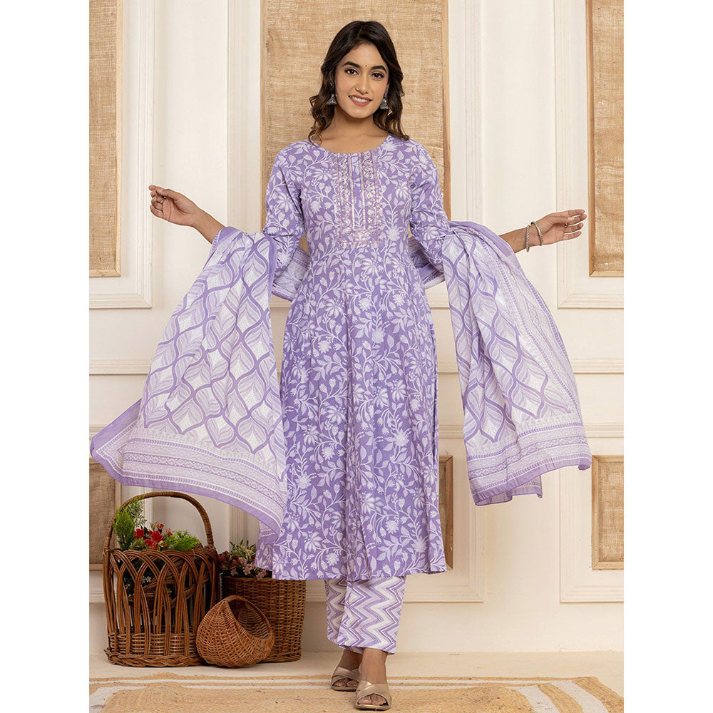 Yufta Purple Floral Print Style Anarkali Kurta & Pant With Dupatta (Set of 3)