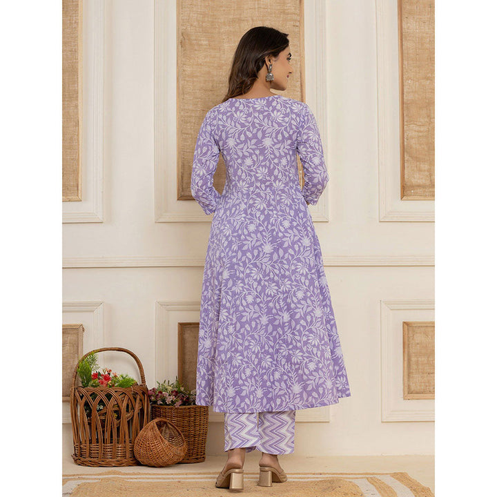 Yufta Purple Floral Print Style Anarkali Kurta & Pant With Dupatta (Set of 3)