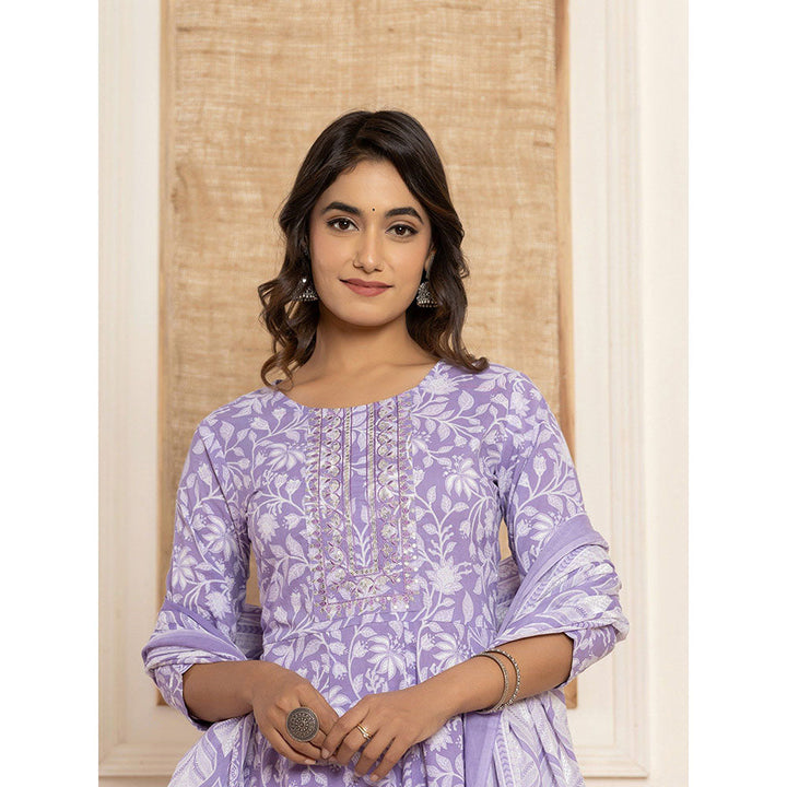 Yufta Purple Floral Print Style Anarkali Kurta & Pant With Dupatta (Set of 3)