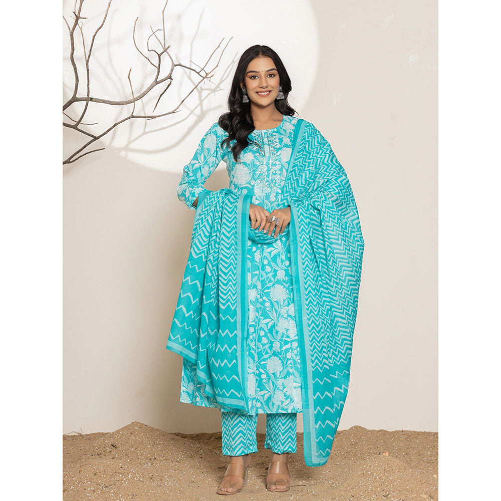 Yufta Turquoise Floral Print Embroidered Cotton Anarkali Kurta With Pant & Dupatta (Set of 3)