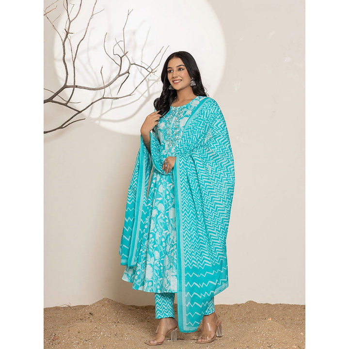 Yufta Turquoise Floral Print Embroidered Cotton Anarkali Kurta With Pant & Dupatta (Set of 3)