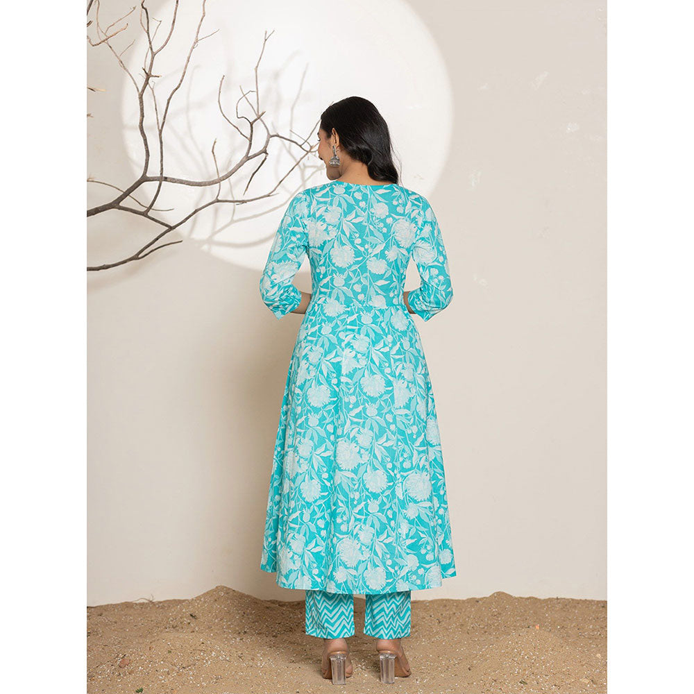 Yufta Turquoise Floral Print Embroidered Cotton Anarkali Kurta With Pant & Dupatta (Set of 3)