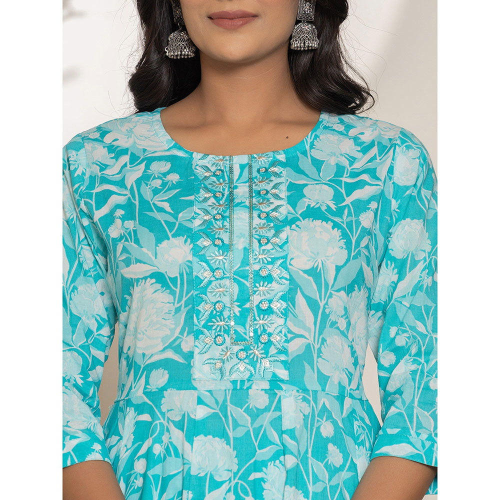 Yufta Turquoise Floral Print Embroidered Cotton Anarkali Kurta With Pant & Dupatta (Set of 3)