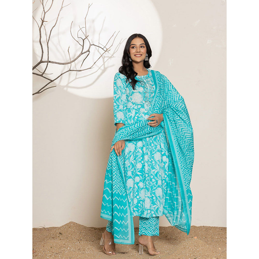 Yufta Turquoise Floral Print Embroidered Cotton Anarkali Kurta With Pant & Dupatta (Set of 3)