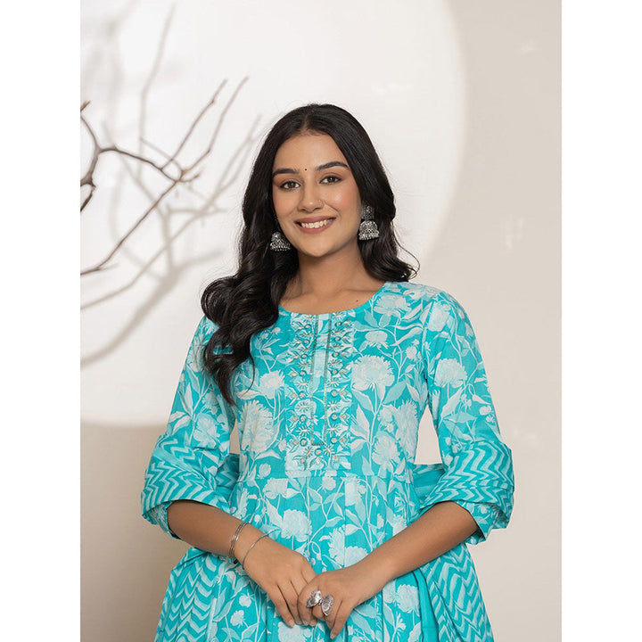 Yufta Turquoise Floral Print Embroidered Cotton Anarkali Kurta With Pant & Dupatta (Set of 3)