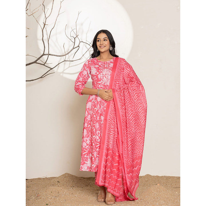 Yufta Pink Floral Print Embroidered Cotton Anarkali Kurta With Pant & Dupatta (Set of 3)