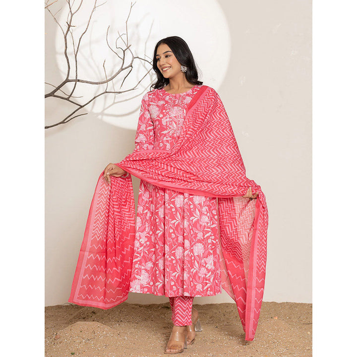 Yufta Pink Floral Print Embroidered Cotton Anarkali Kurta With Pant & Dupatta (Set of 3)