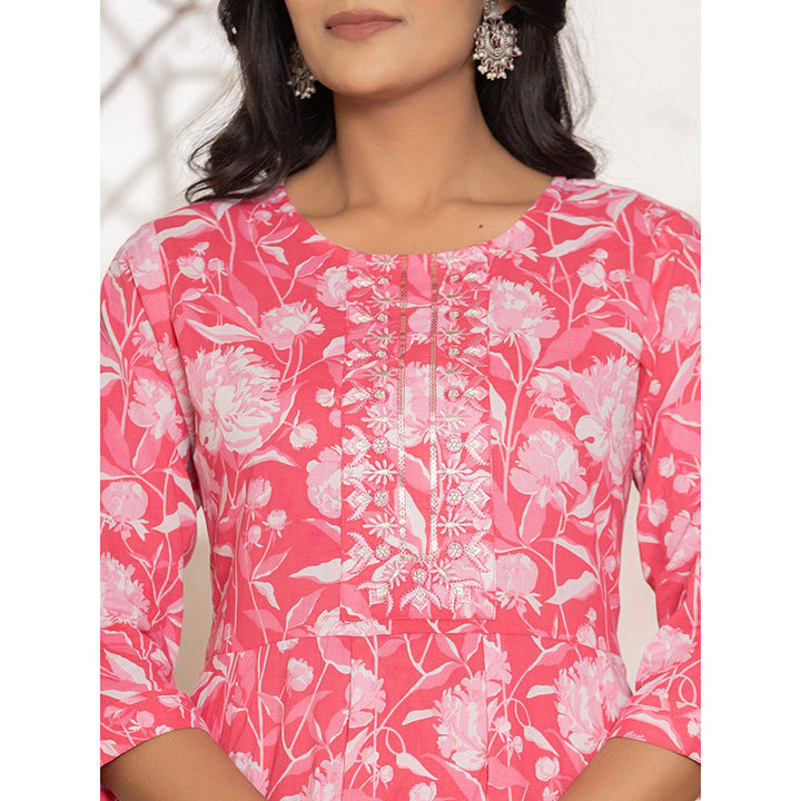 Yufta Pink Floral Print Embroidered Cotton Anarkali Kurta With Pant & Dupatta (Set of 3)