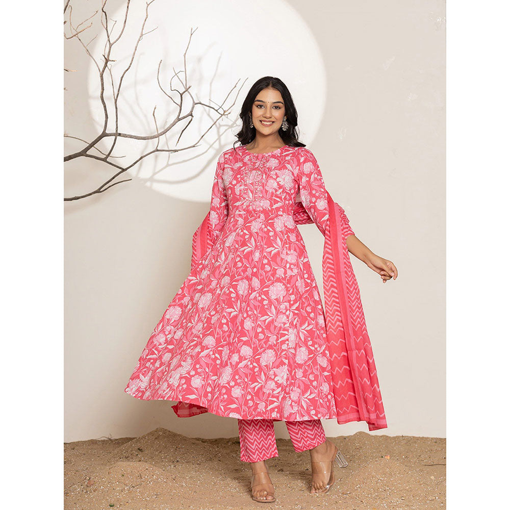 Yufta Pink Floral Print Embroidered Cotton Anarkali Kurta With Pant & Dupatta (Set of 3)