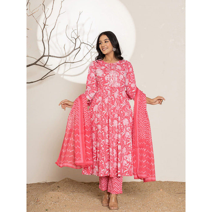 Yufta Pink Floral Print Embroidered Cotton Anarkali Kurta With Pant & Dupatta (Set of 3)