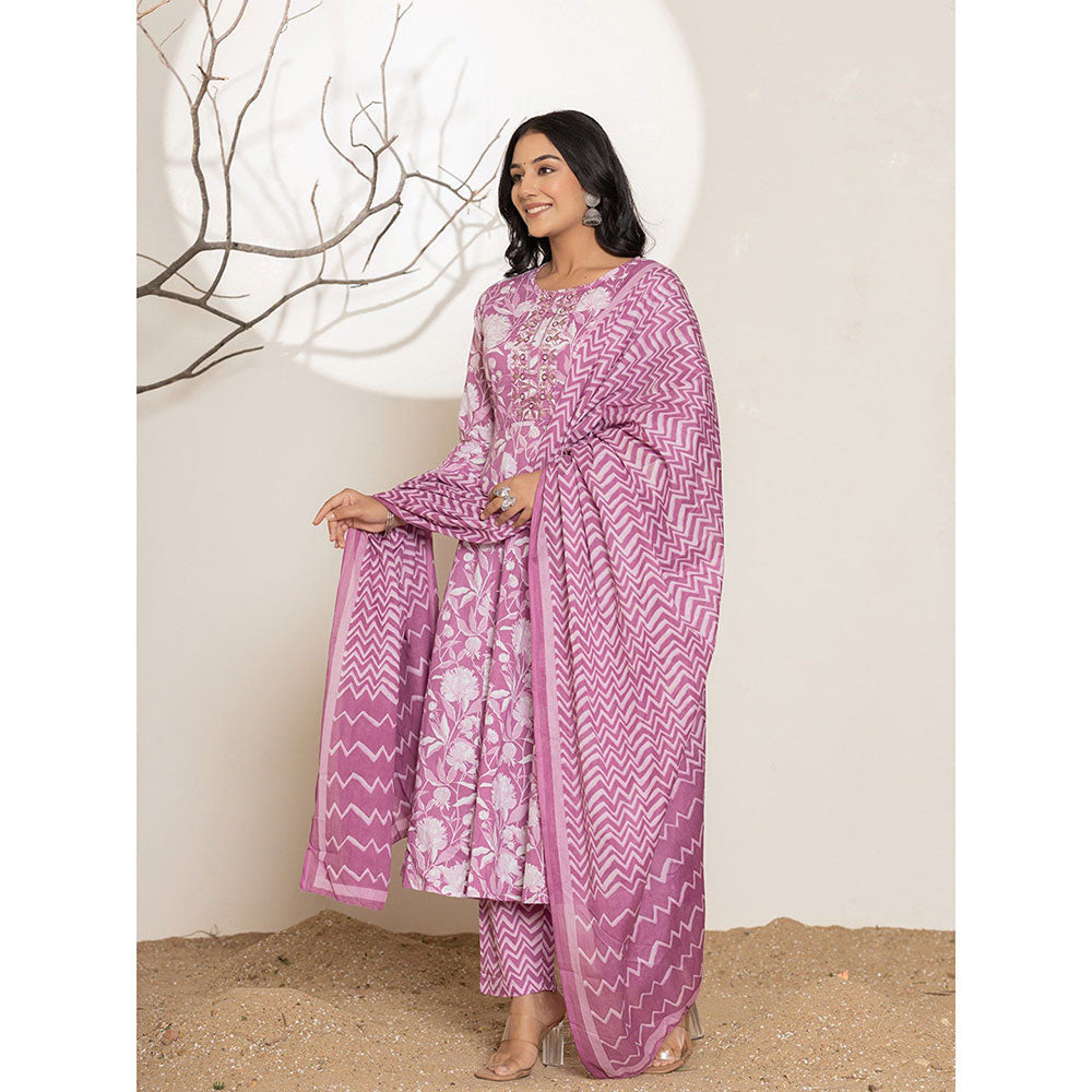 Yufta Purple Floral Print Embroidered Cotton Anarkali Kurta With Pant & Dupatta (Set of 3)