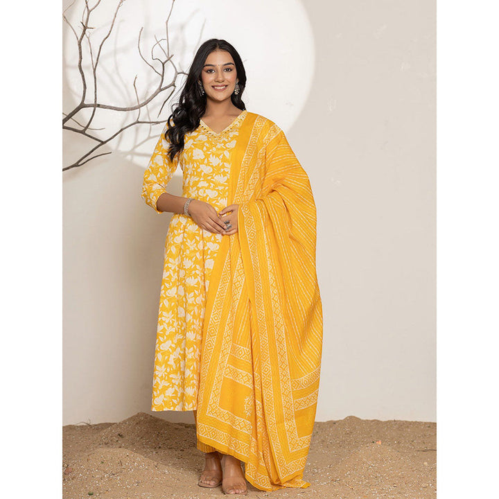 Yufta Yellow Embroidered Cotton Anarkali Kurta With Pant & Dupatta (Set of 3)