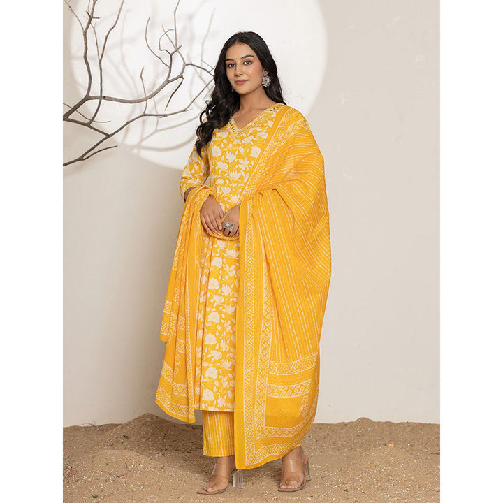 Yufta Yellow Embroidered Cotton Anarkali Kurta With Pant & Dupatta (Set of 3)