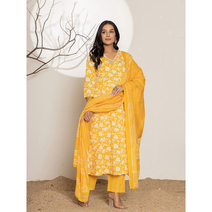 Yufta Yellow Embroidered Cotton Anarkali Kurta With Pant & Dupatta (Set of 3)