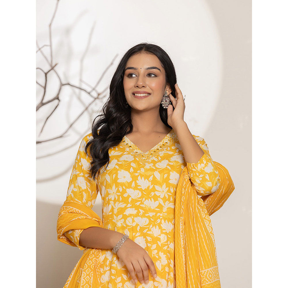 Yufta Yellow Embroidered Cotton Anarkali Kurta With Pant & Dupatta (Set of 3)