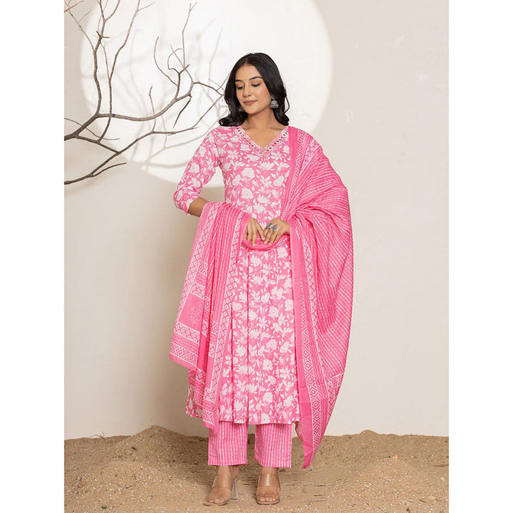 Yufta Pink Embroidered Cotton Anarkali Kurta With Pant & Dupatta (Set of 3)