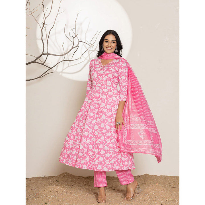 Yufta Pink Embroidered Cotton Anarkali Kurta With Pant & Dupatta (Set of 3)