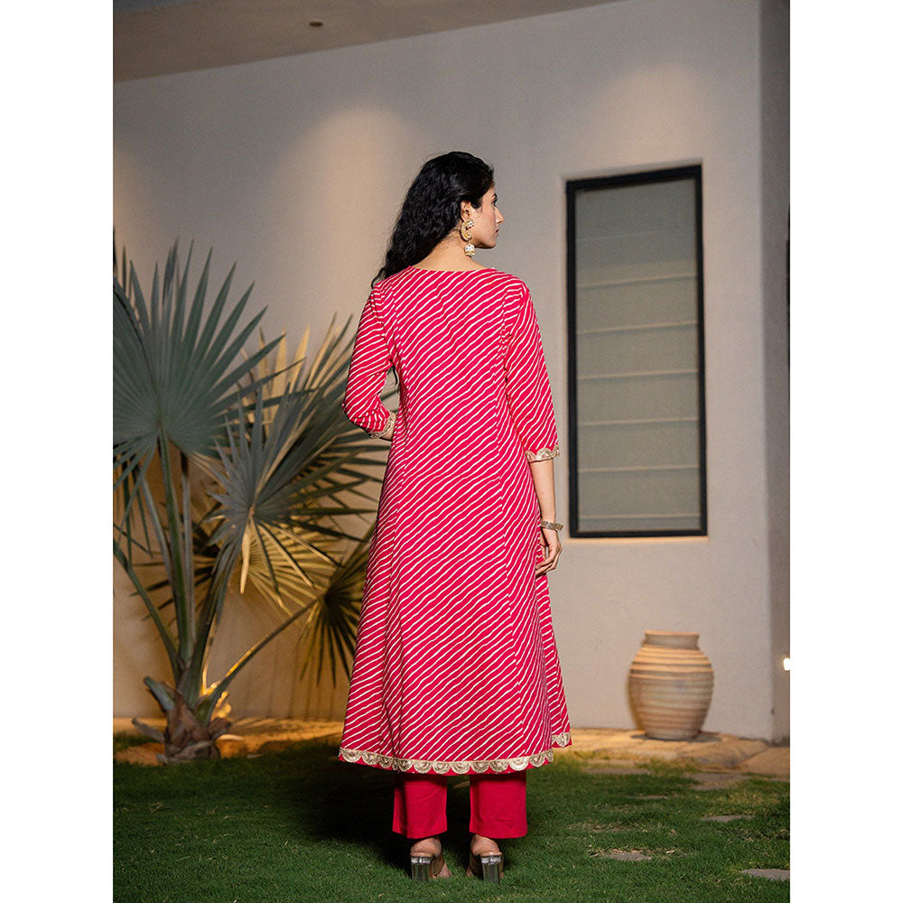 Yufta Pink Leheriya Print Cotton A-Line Anarkali Kurta With Pant & Dupatta (Set of 3)