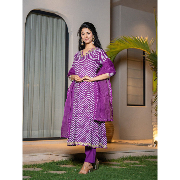 Yufta Purple Leheriya Print Cotton A-Line Anarkali Kurta With Pant & Dupatta (Set of 3)