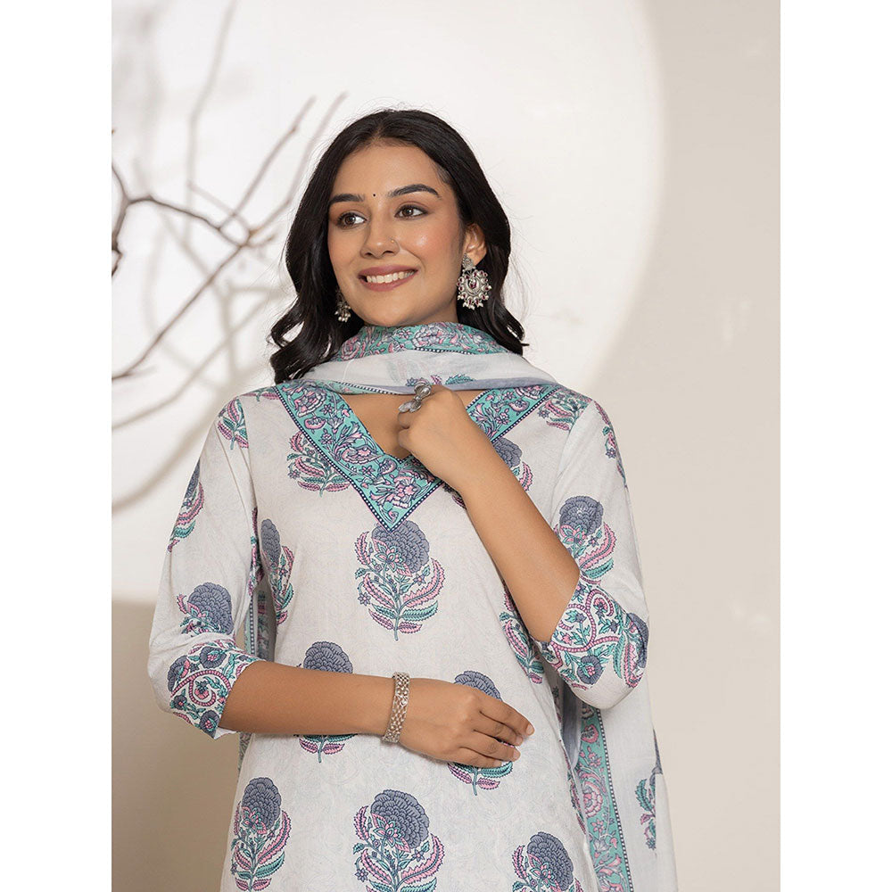 Yufta Blue Floral Print Cotton Straight Kurta With Pant & Dupatta (Set of 3)