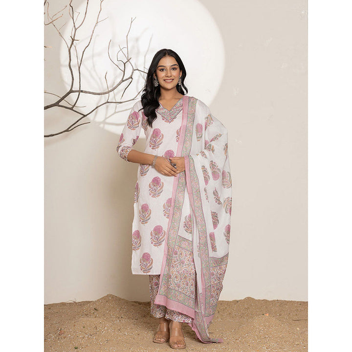 Yufta Pink Floral Print Cotton Straight Kurta With Pant & Dupatta (Set of 3)