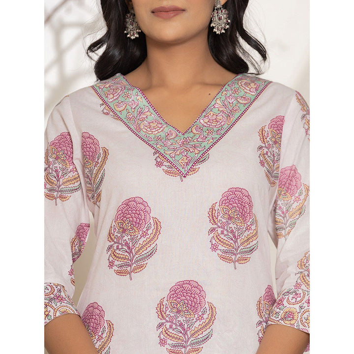 Yufta Pink Floral Print Cotton Straight Kurta With Pant & Dupatta (Set of 3)