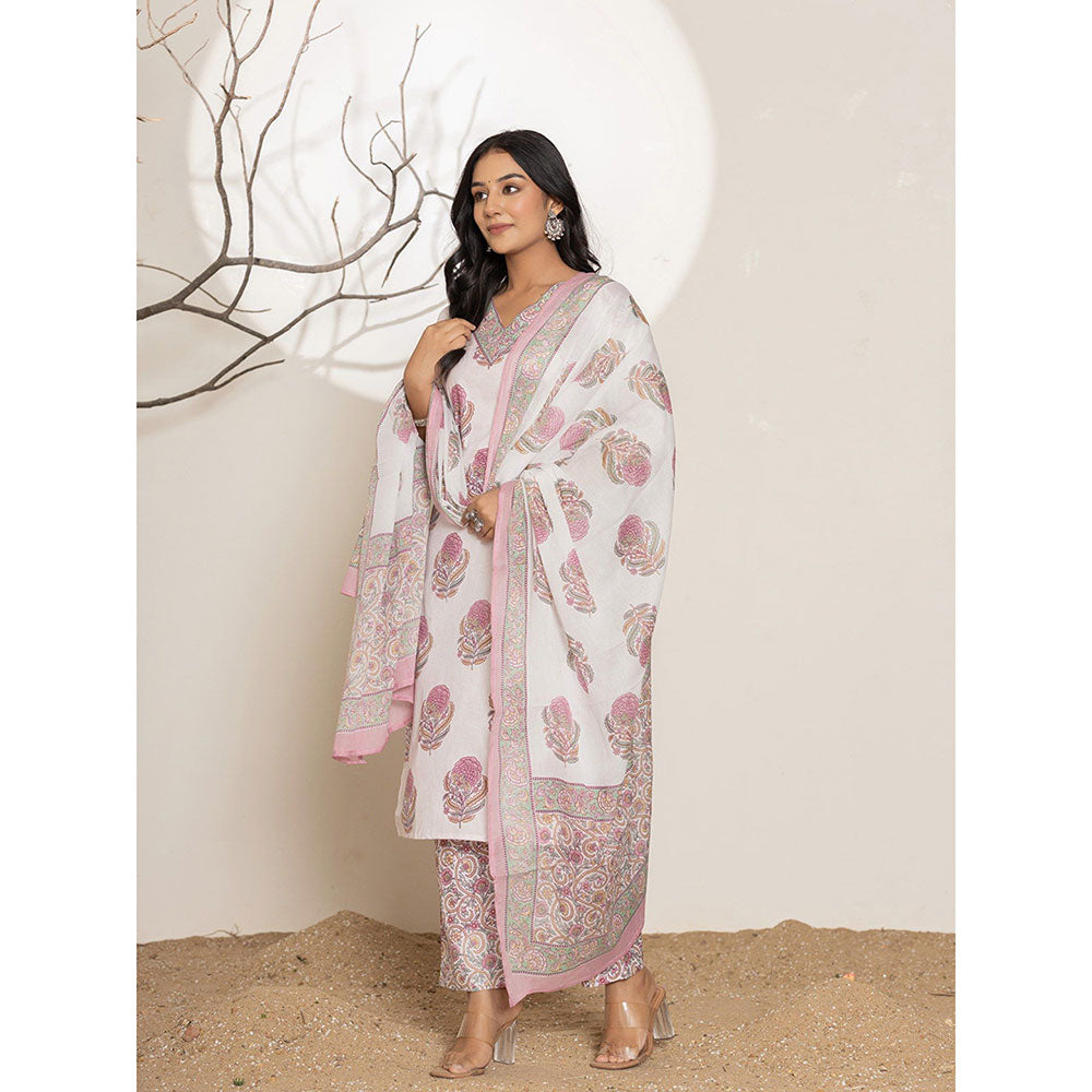 Yufta Pink Floral Print Cotton Straight Kurta With Pant & Dupatta (Set of 3)