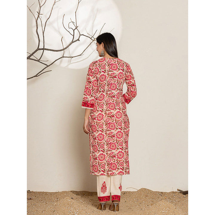 Yufta Pink Floral Print Mirror Work Cotton Straight Kurta With Pant & Dupatta (Set of 3)