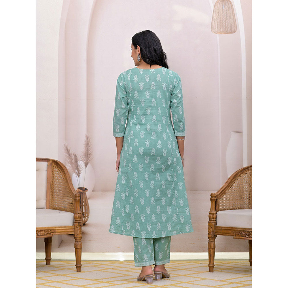 Yufta Green Floral Print Cotton A-Line Kurta With Pant & Dupatta (Set of 3)